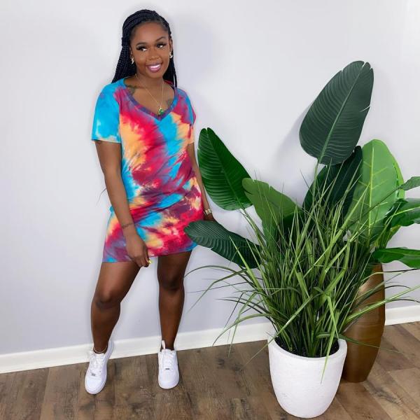 Casual v-neck tie-dye dress F8070-1