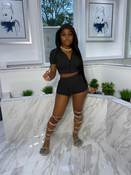 Pure color hooded cropped T-shirt shorts casual suit two-piece suit X9301