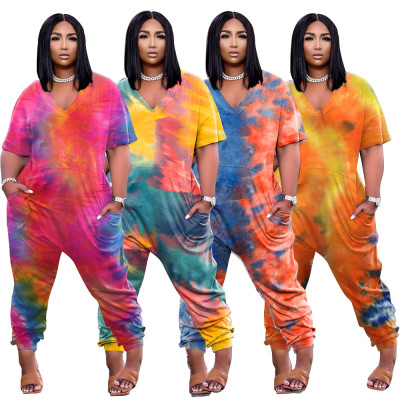 Tie-dye fashion street wear short-sleeved plus size loose jumpsuit F8061-1