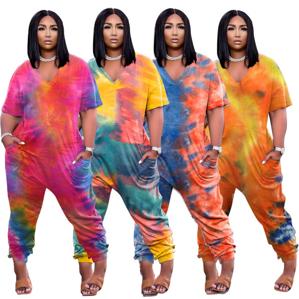 Tie-dye fashion street wear short-sleeved plus size loose jumpsuit F8061-1