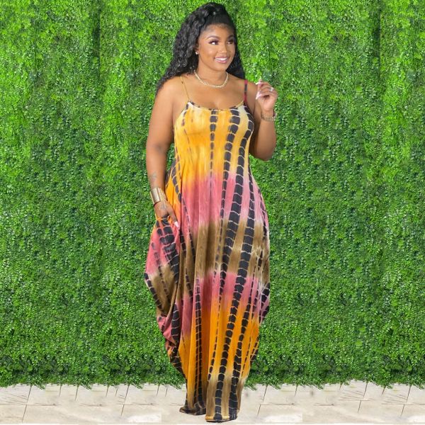 Tie-dye colorful print sling loose dress X9305