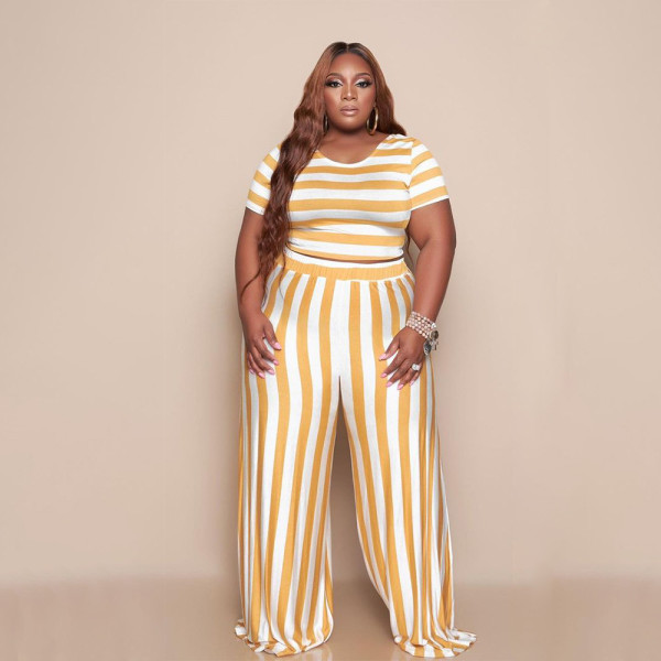 Fashion striped plus size wide-leg casual suit F8081