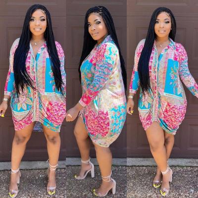 Casual fashion pleated digital print shirt dress OL6057