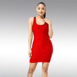 Solid color waffle bag hip dress vest skirt X9298