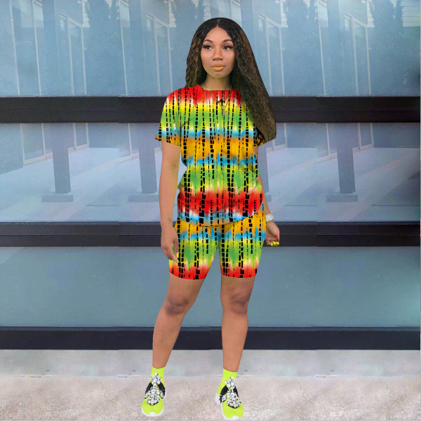 Positioning printing tie-dye T-shirt shorts casual suit two-piece suit X9304 
