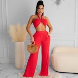 Solid color wrap chest top and wide leg pants suit X9297