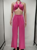 Solid color wrap chest top and wide leg pants suit X9297