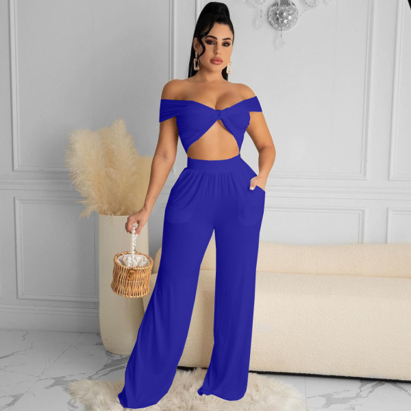 Solid color wrap chest top and wide leg pants suit X9297
