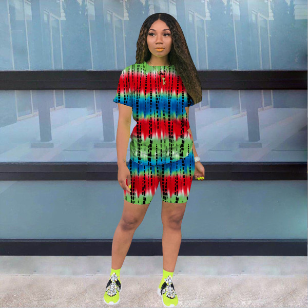 Positioning printing tie-dye T-shirt shorts casual suit two-piece suit X9304 