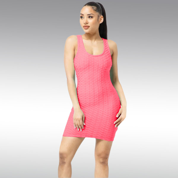 Solid color waffle bag hip dress vest skirt X9298