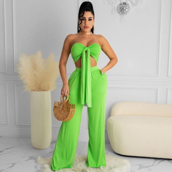Solid color wrap chest top and wide leg pants suit X9297