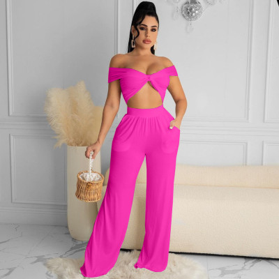 Solid color wrap chest top and wide leg pants suit X9297