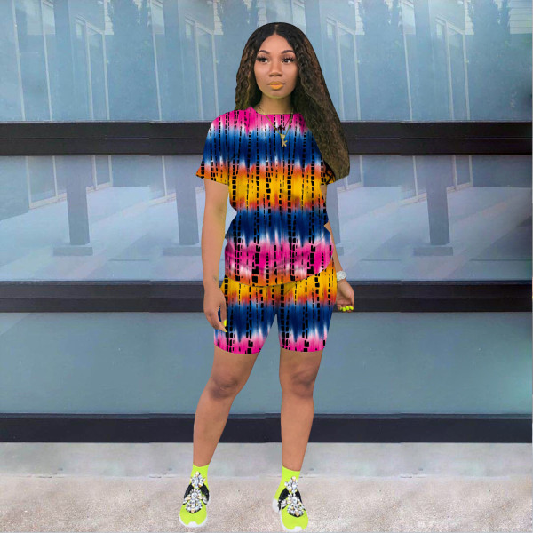 Positioning printing tie-dye T-shirt shorts casual suit two-piece suit X9304 