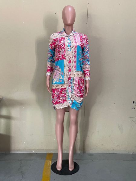 Casual fashion pleated digital print shirt dress OL6057