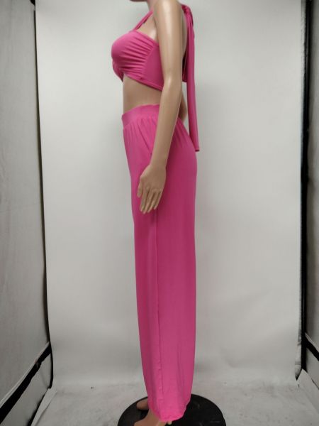 Solid color wrap chest top and wide leg pants suit X9297
