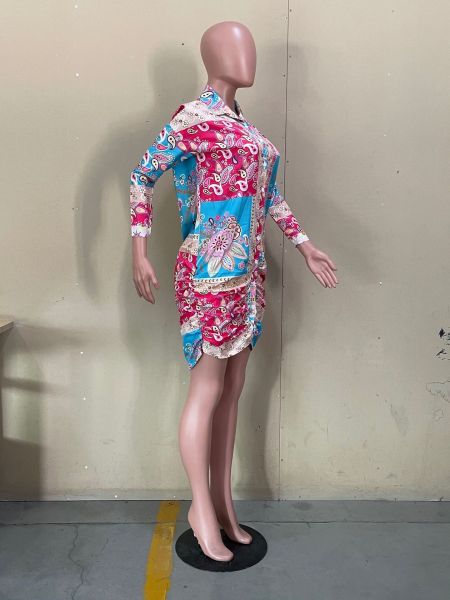 Casual fashion pleated digital print shirt dress OL6057