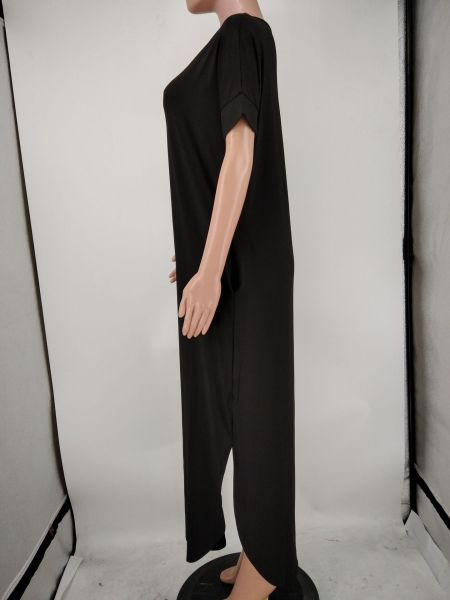 Fashionable short-sleeved hem slit deep V-neck loose dress T-shirt long skirt X9300