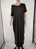 Fashionable short-sleeved hem slit deep V-neck loose dress T-shirt long skirt X9300