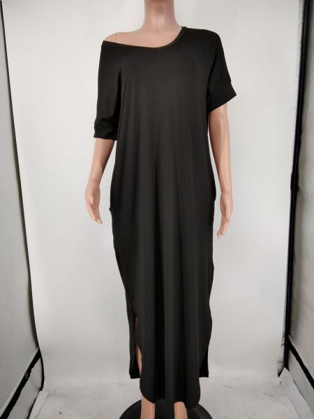Fashionable short-sleeved hem slit deep V-neck loose dress T-shirt long skirt X9300