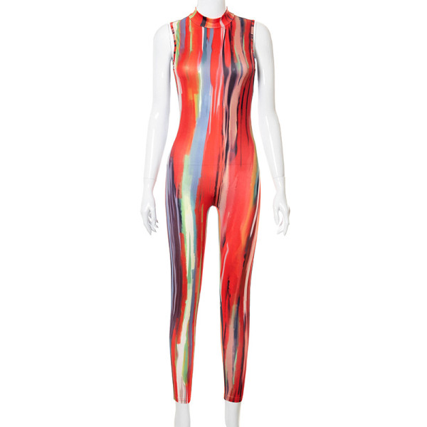 New tie-dye printed sleeveless round collar sexy tight trousers jumpsuit K21JP228