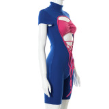 Stitching round neck short-sleeved tie shorts jumpsuit W21RP184
