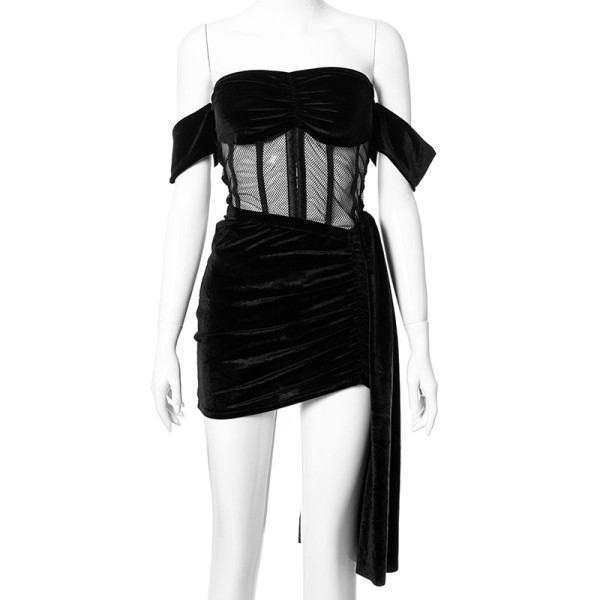 New solid color mesh gauze one-line neck waistband stitching pleated skirt suit W21ST143