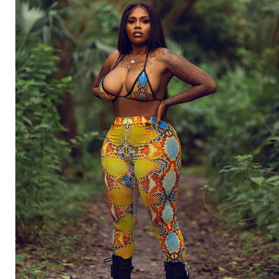 Snake print suspender bra and leisure trousers two-piece suit K21ST225