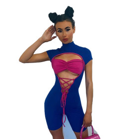 Stitching round neck short-sleeved tie shorts jumpsuit W21RP184
