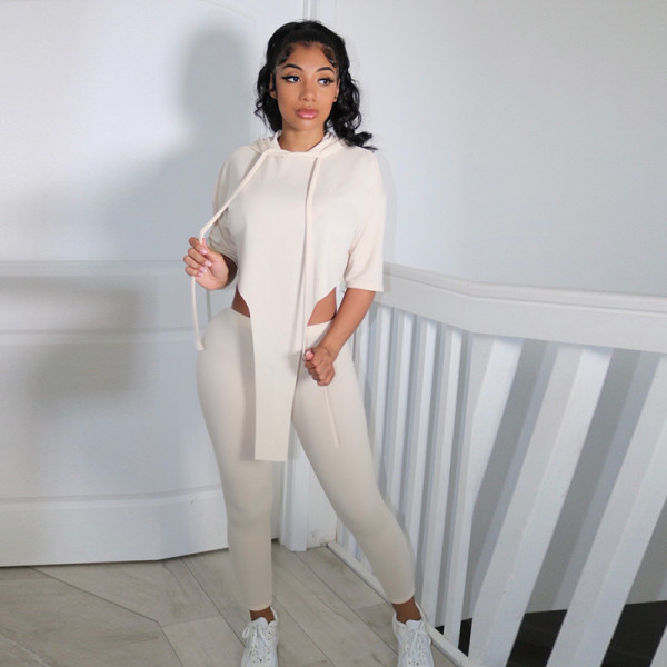 New solid color hooded short-sleeved slim cropped trousers sweater suit A21ST217