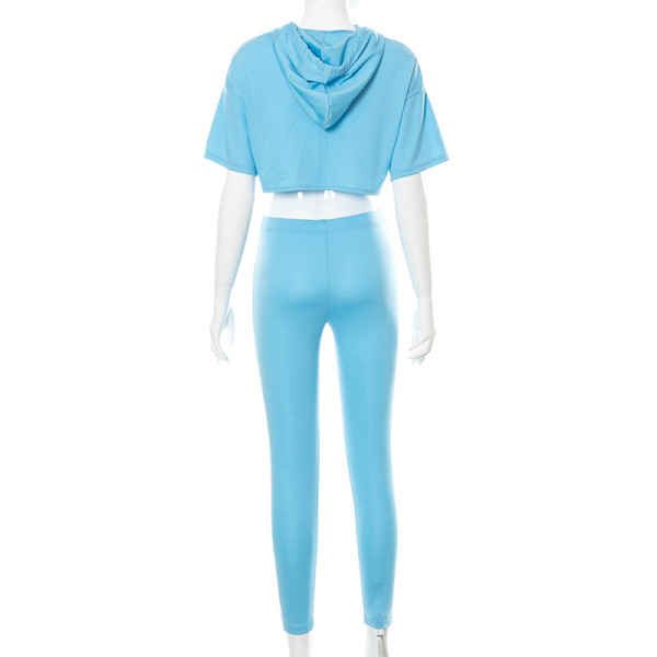 New solid color hooded short-sleeved slim cropped trousers sweater suit A21ST217