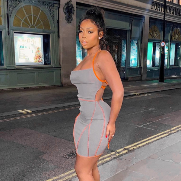 New solid color sling sleeveless backless lace-up reverse dress K21DS270