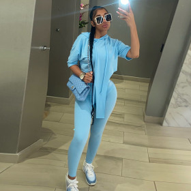 New solid color hooded short-sleeved slim cropped trousers sweater suit A21ST217