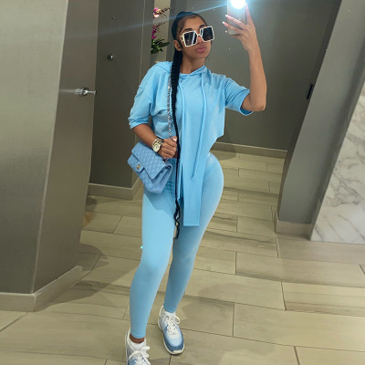 New solid color hooded short-sleeved slim cropped trousers sweater suit A21ST217