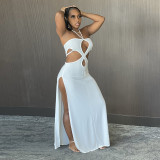 New solid color halterneck hollow irregular split long dress R21DS189