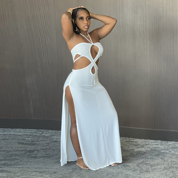 New solid color halterneck hollow irregular split long dress R21DS189
