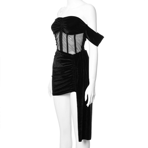 New solid color mesh gauze one-line neck waistband stitching pleated skirt suit W21ST143