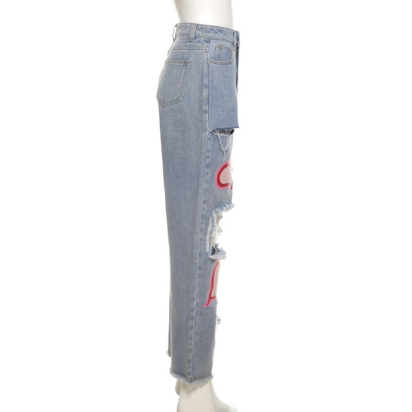 Fashionable Hollow Printed High Waist Straight Casual Jeans W21P02349