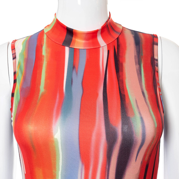New tie-dye printed sleeveless round collar sexy tight trousers jumpsuit K21JP228