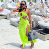 New solid color halterneck hollow irregular split long dress R21DS189