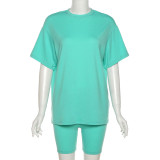 Loose solid color top tight-fitting casual shorts suit K21S02777