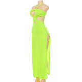 New solid color halterneck hollow irregular split long dress R21DS189