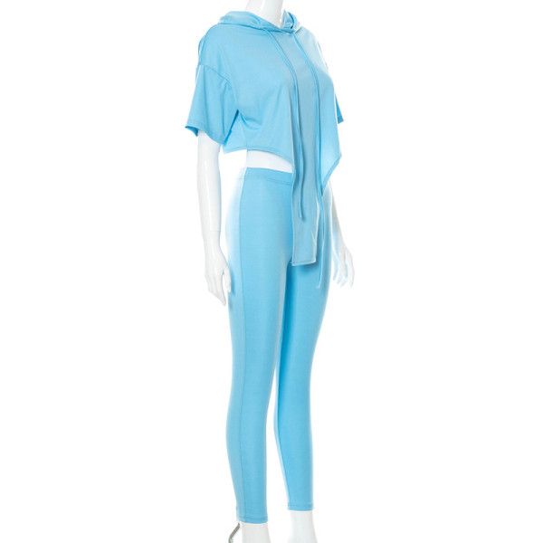 New solid color hooded short-sleeved slim cropped trousers sweater suit A21ST217
