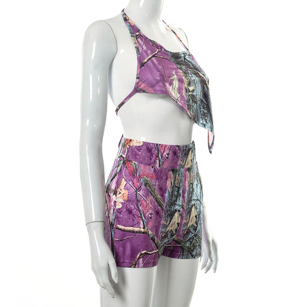 Leaf print sexy open back irregular suspender slim shorts set Q21ST137