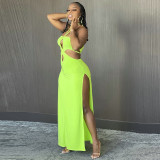 New solid color halterneck hollow irregular split long dress R21DS189