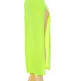 New solid color halterneck hollow irregular split long dress R21DS189