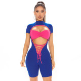 Stitching round neck short-sleeved tie shorts jumpsuit W21RP184