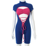 Stitching round neck short-sleeved tie shorts jumpsuit W21RP184
