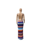 Colorful striped print open back dress F8076