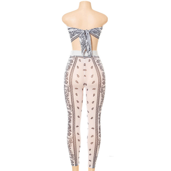 New printed sexy breast-wrapped hollow mesh slim trousers suit K21ST257