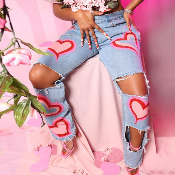 Fashionable Hollow Printed High Waist Straight Casual Jeans W21P02349